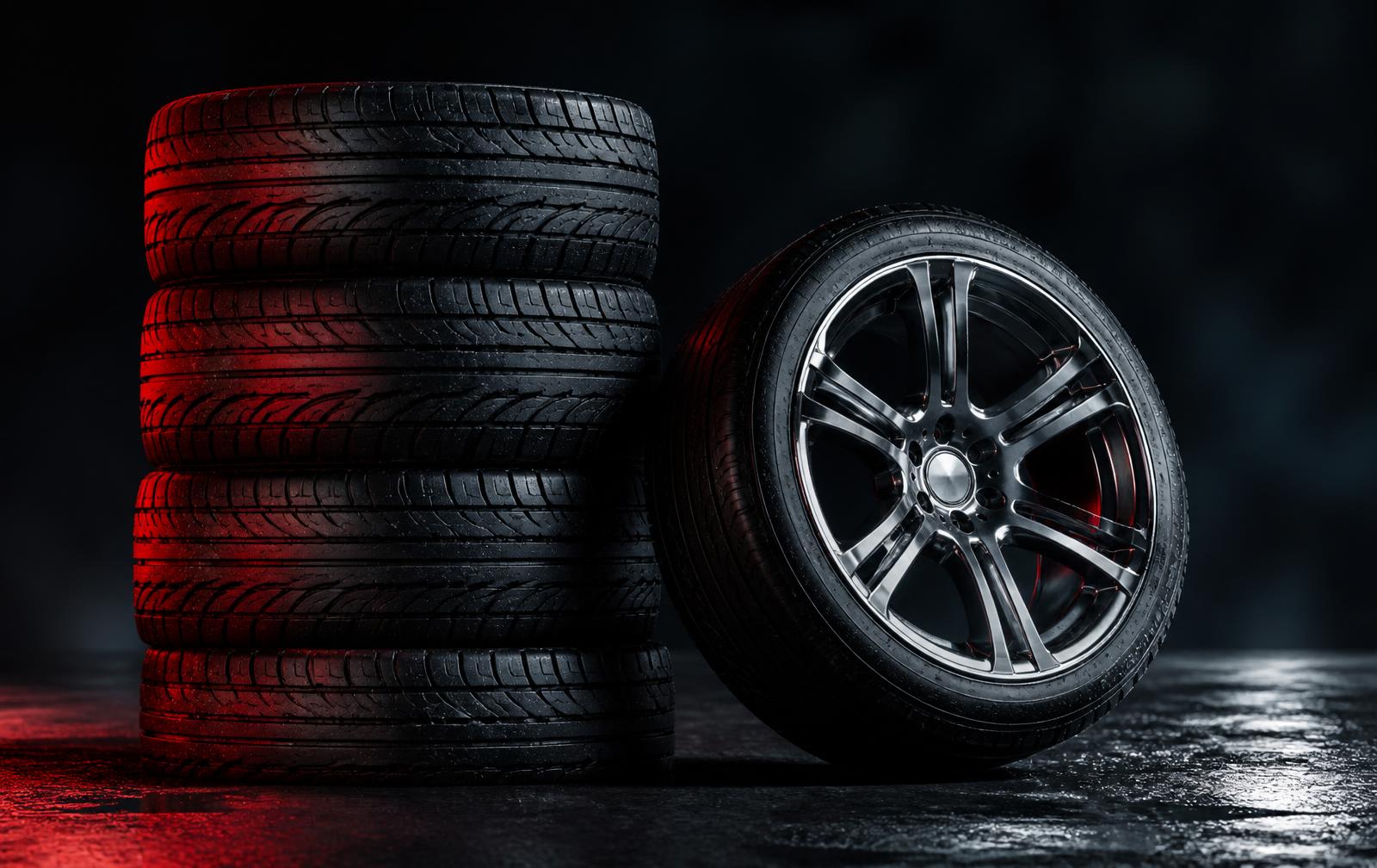 Stack of new tires next to a chrome alloy wheel