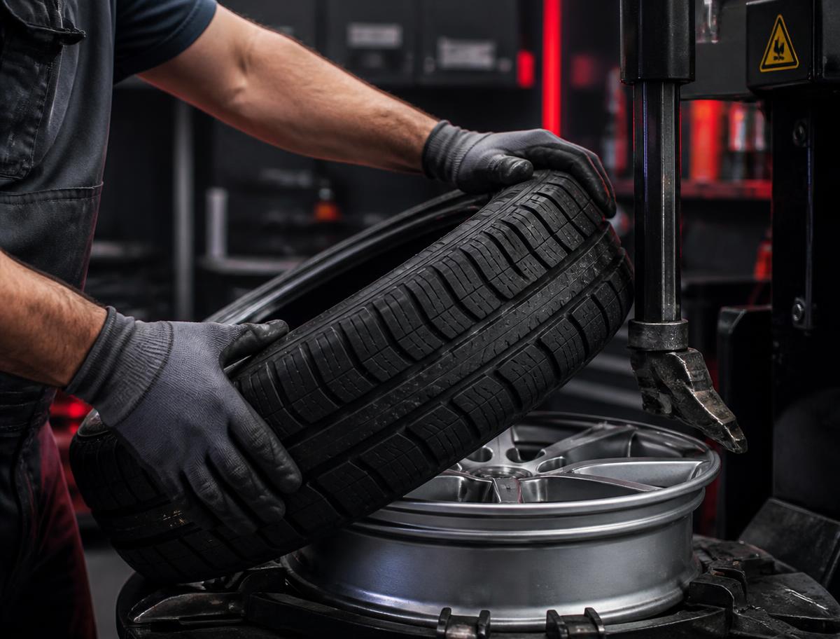 Technician mounting a tire onto an alloy wheel